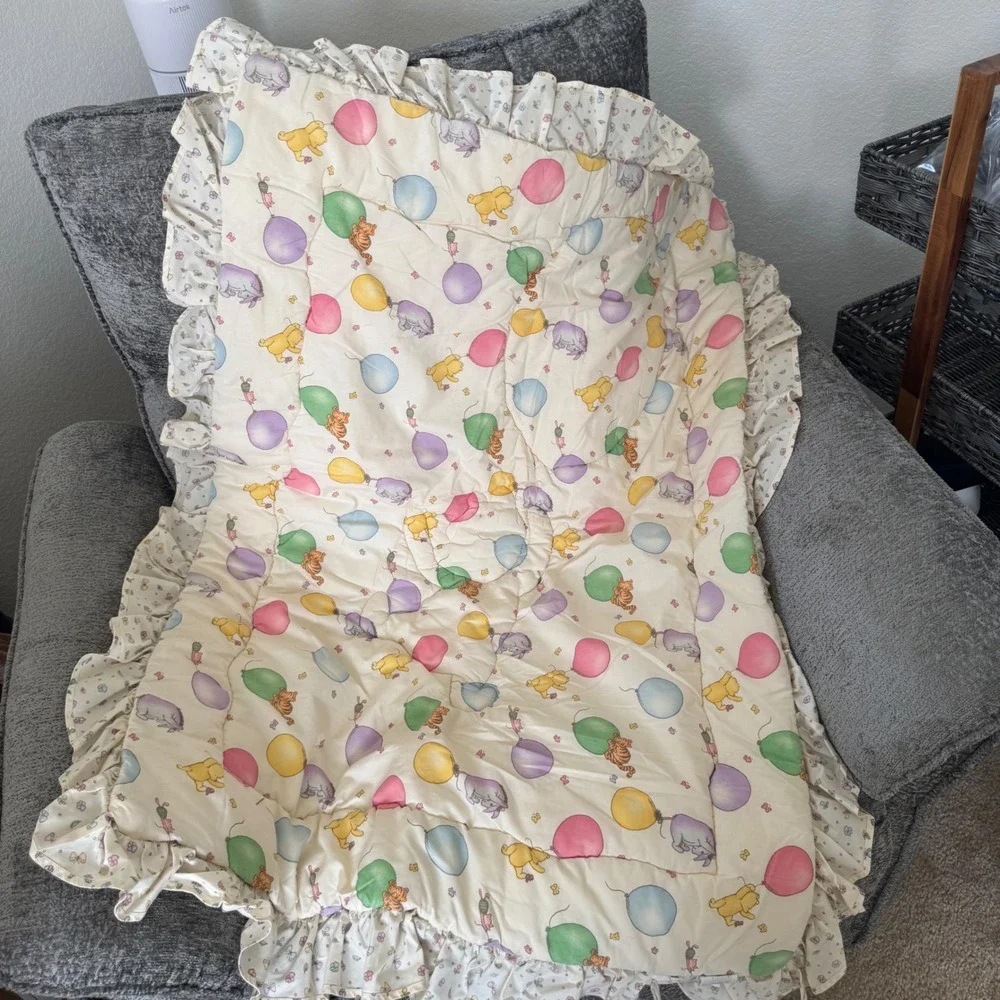Vintage Disney Classic Pooh Baby Quilt Cream Pink 1999 Vintage Ruffle Blanket